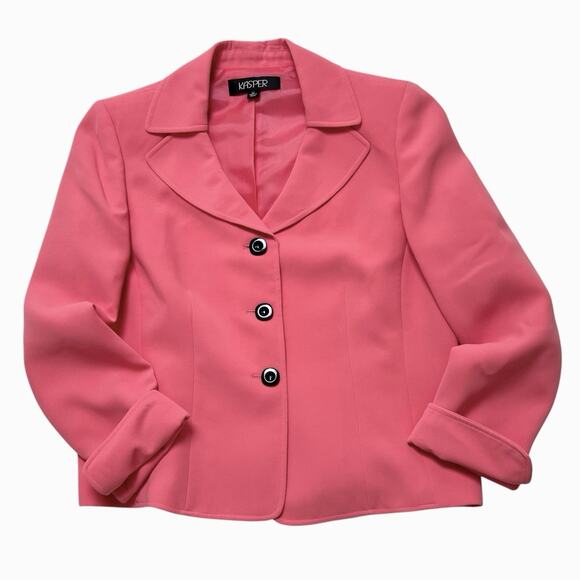 Kasper Skirt Suit Set Size 12 Pink Jacket Blazer Black Skirt Ruffle Hem Classic - Picture 5 of 15